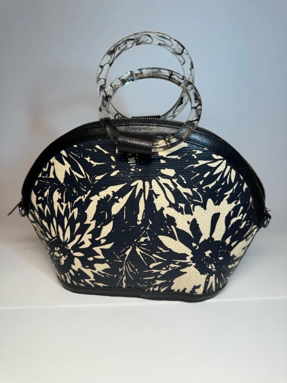 Patricia Nash Navy Ivory Sunflower Floral Bag Lucite Ring Handle Satchel Crossbo